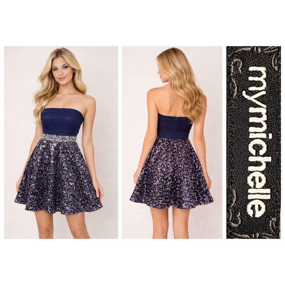 My Michelle Vtg Y2K Blue Strapless Beaded Sequin Whimsical Fairy Mini Dress 13
